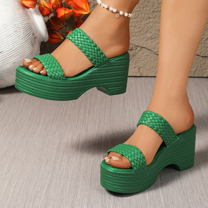 Sandalias de tacón alto elegantes de talla grande para mujer, novedad de verano, suela gruesa, tejidas, de moda, de una sola tira - Product Image 2