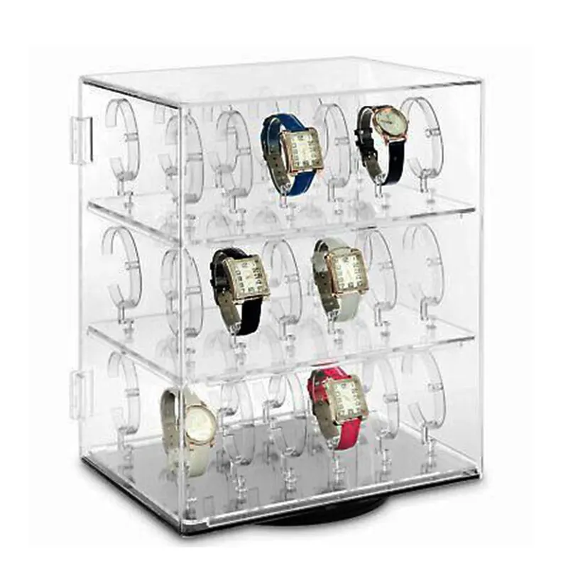 Bancada Limpar Acrílico Revolvendo Assista Display Case Rotação Lockable Lucite Assista Display Gabinete Caso Para 36 Relógios