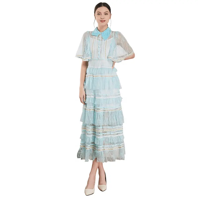 Fashionable Lady Brand Elegant And Sweet Turn Over Collar High Waist Flying Sleeved Double Layered Dress