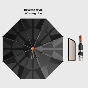 Parapluie publicitaire pliant en trois sections, entièrement automatique, avec poignée en bois massif et protection UV, idéal comme cadeau d'affaires - Product Image 1
