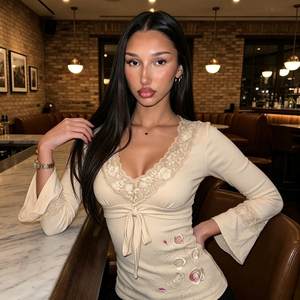 <b>Women</b> Elegant Lace Trim <b>V</b>-<b>Neck</b> Knit <b>T</b>-<b>Shirt</b> Floral Print Tie Front Long Sleeve Slim Fit Polyester Elastane Tee - Product Image 5
