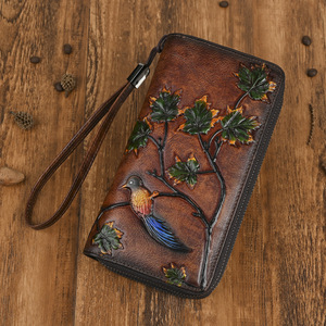 Ando Bag Genuine Leather Bird Embossed Long Wallet <b>Women</b> Zip Around Wristlet <b>Card</b> Cash <b>Purse</b> - Product Image 2
