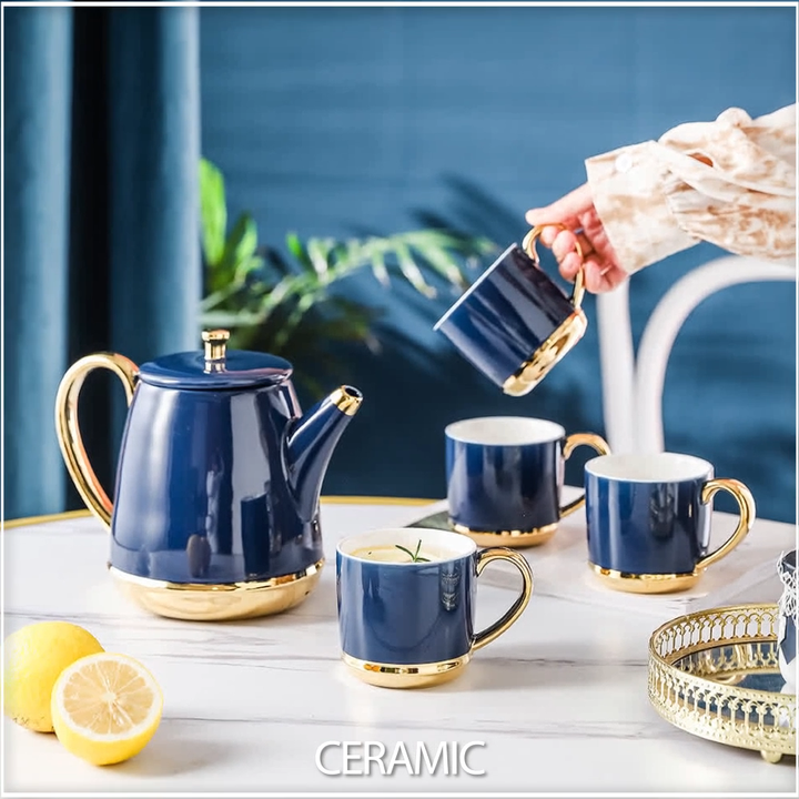 Wholesale Blue Ceramic Tea Set with 6 Cups & Gold Rim, Gift Boxed