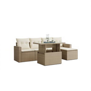 Ensemble de canapés de jardin en rotin beige, structure en acier, verre trempé, 4 places, mobilier d'extérieur, design contemporain, résistant aux intempéries - Product Image 1