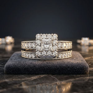 แหวนแต่งงานเพชรทรงปรินเซสคัทแบบ Halo พร้อมเพชรข้าง ตัวเรือนทอง 10K/14K/18K เงิน 925/935 ชุบโรเดียม สำหรับงานหมั้นและงานแต่งงาน - Product Image 1