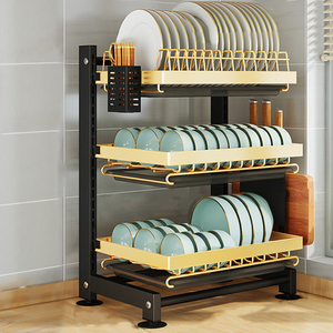 Mostrador de cocina Estante para platos de 3 niveles Estante para platos de drenaje de almacenamiento negro ensamblado sobre el fregadero con bandeja - Product Image 1
