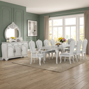 Juego de Comedor Americano de Lujo en Madera Blanca - Mesa Rectangular, 8 Sillas Tapizadas con Tallados Ornamentales, Aparador con Espejo - Product Image 3