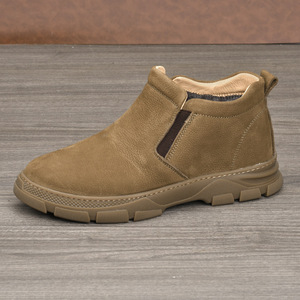 Chelsea Boots Men Genuine Leather Ankle Height <b>Round</b> Toe Slip-On <b>Cushioned</b> Rubber Outsole Autumn Solid Color Plush Lining - Product Image 1