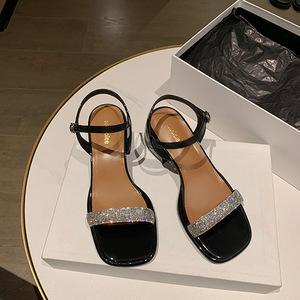 Sandali e ciabatte open toe estivi, sandali alla moda da donna, scarpe da donna con strass, punta quadrata e tacco spesso - Product Image 2