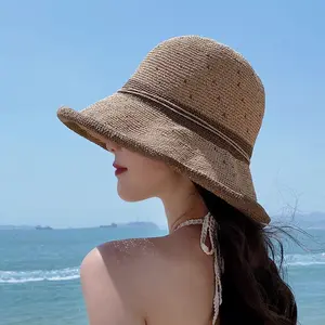 Wholesale High Quality Straw Woven Handmade Straw Hat Breathable Outdoor Bucket Hat Bow Knot Wide Brim Sun Visor