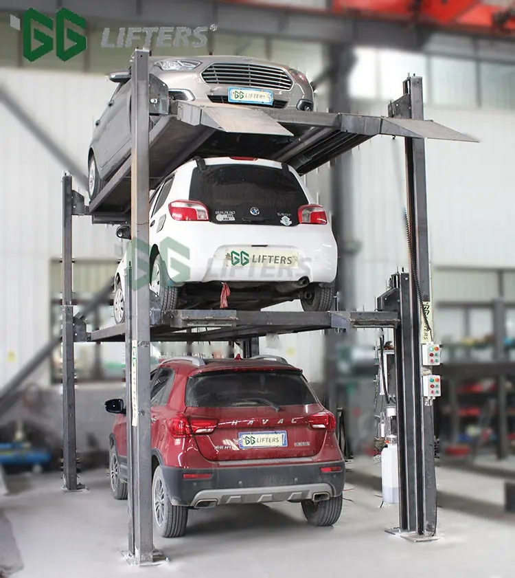 4-Post 3-Level Auto Parking Systeem Drievoudige Stapelaar Hydraulische Lift Plastic Parkeergarage Apparatuur Te Koop