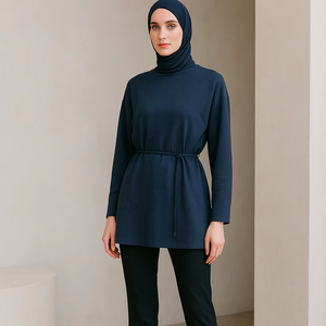YXT031Muslim - Style Women Clothes: Navy Blue Long - Sleeve <strong>Tunic</strong> Top with Waist Tie for Modest Wear Matching Lugid <strong>Jersey</strong> Scarf - Product Image 1