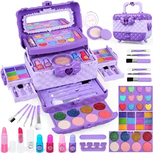 Set mainan Makeup anak perempuan, 54 buah mainan kosmetik putri asli dapat dicuci dengan cermin, tidak beracun & aman