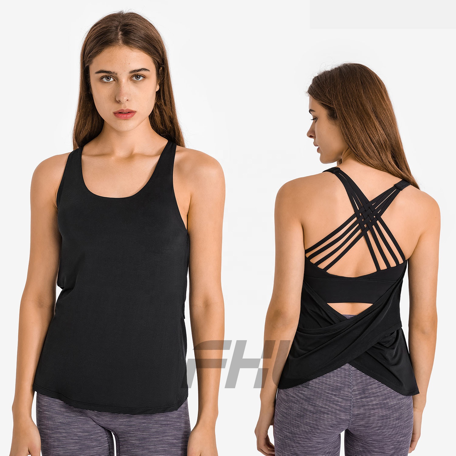 Custom Workout Tank Tops Women Gym Athletic Sleeveless Loose Running Tops Sport Vest with Bra Inside Two Piece in One