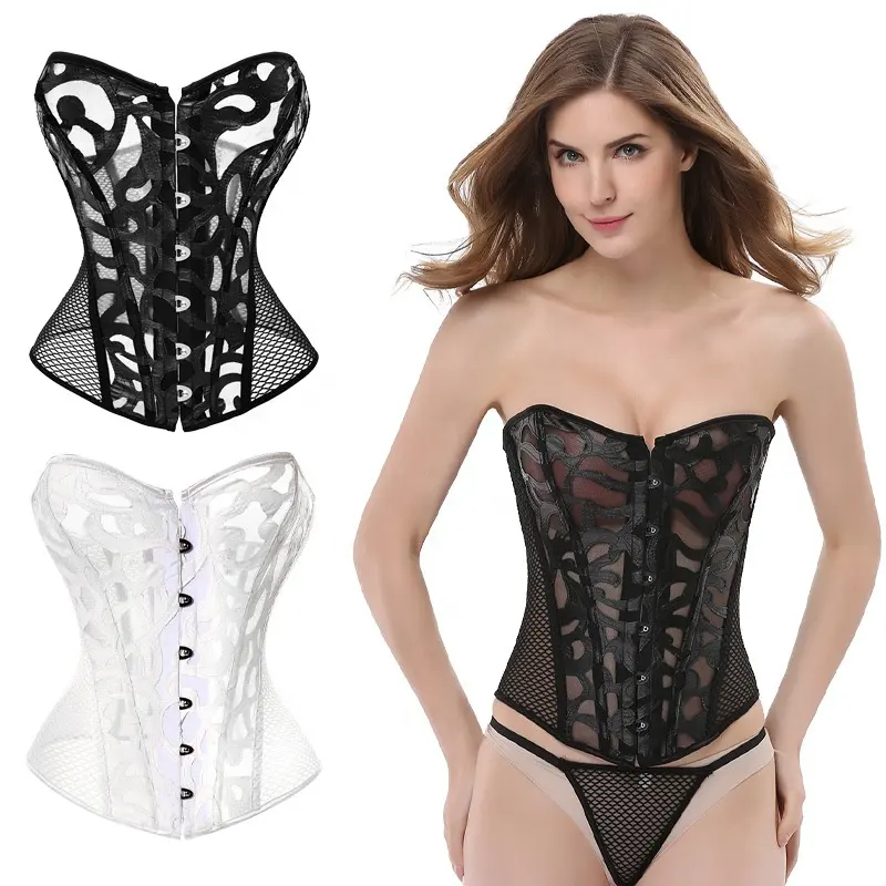 Zwart Wit Bruids Corset Vest Lace Up Mesh Corset Ultradunne Naadloze Bustier Shapewear Outfit Ademend Corset