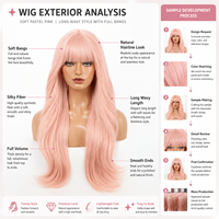 Perruque synthétique ondulée rose pastel longue, résistante à la chaleur, avec frange et bonnet ajustable, effet naturel, directement de l'usine