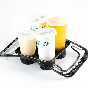 Black PP Plastic Milk Tea Cup Tray Coffee Cup Holder Customized Double 2/4 Cups Takeout Packaging Beverage Tray