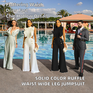 Nuevo Mono Formal de Yoga de Color Liso con Cuello Asimétrico, Cintura Alta, Holgado y Transpirable, con Volantes en la Cintura y Pantalones Largos de Pierna Ancha hasta el Tobillo con Diseño Calado - Product Image 2