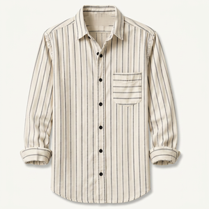 เสื้อเชิ้ตผู้ชายลายทางผ้าฝ้ายป๊อปลินแขนยาวปกคอพับได้ - Product Image 1