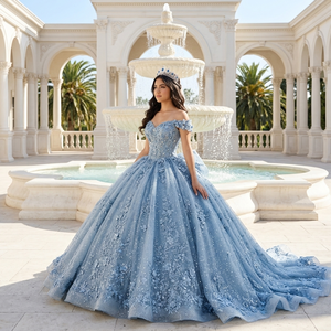 Robe de bal élégante LSBB61 avec strass, coupe Empire, motif floral bleu, perles, appliques en dentelle et nœud pour Quinceañera - Product Image 1