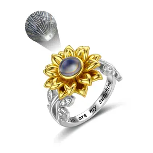 Anillo de girasol con I Love You 100 Languages Stone You are My Sunshine Flower Ring Regalo para mujer y Niña