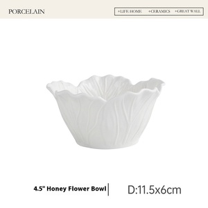 Bol en céramique blanc pur moderne avec motif floral en relief, design chou créatif, 4,5 pouces, pour yaourt, flocons d'avoine, soupe, salade de fruits, ensemble de vaisselle - Product Image 6