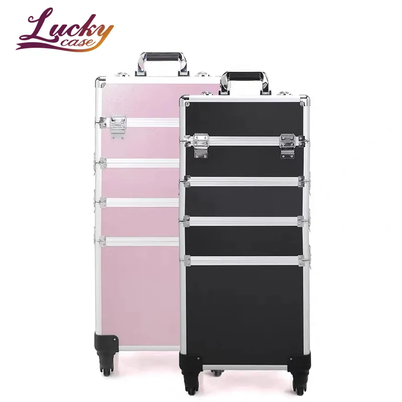 4 in 1 Professional Rolling Trolley Aluminum Makeup Case Nail Polish Cosmetic Travel Train Storage Makeup Case