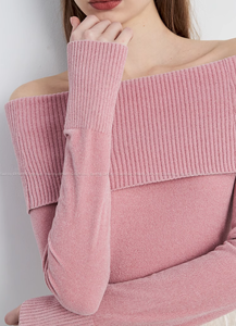 سعر جيد النمط الكوري محبوك الخريف ركاب كبير طية صدر السترة كتف واحد وردي ضئيلة أكمام طويلة النساء تريك - Product Image 4