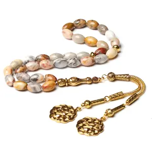 Natural bamboo agate tasbih Gold tassel muslim rosary bracelet gfit oval stone 8*12mm islamic 33 Prayer beads arabic misbaha