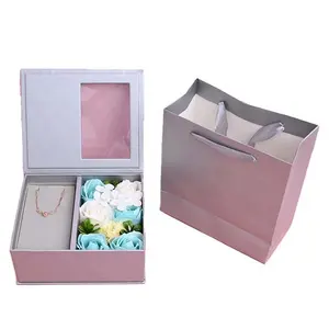 Dia das mães transparente janela rosa criativa flor eterna colar relógio pulseira flip presente caixa de flores