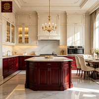 Projet de villa haut de gamme, armoires de cuisine complètes en bois de noyer massif en forme de U avec grand îlot et évier, design classique