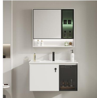 Meuble de salle de bain avec miroir, porte en verre alvéolé en aluminium, rangement ouvert, évier en céramique, noir et blanc, fixation murale