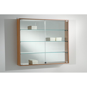 Modern <b>Wall</b> Mount <b>Display</b> <b>Cabinet</b> 95x85cm Cherry Wood Glass Doors With Mirror Back And Adjustable Shelves - Product Image 1