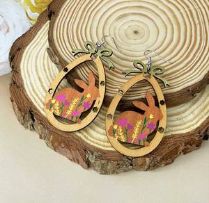 Pendientes de madera con diseño de conejo de Pascua, huevos, flores y animales adorables para mujer y niña, venta al por mayor, primavera 2026 - Product Image 5