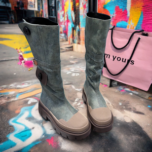 Stivali da <span class=keywords><strong>Cowboy</strong></span> con Logo Personalizzato in Dropshipping, Scarpe da <span class=keywords><strong>Donna</strong></span> con Suola Spessa, Stivali di Design alla Moda in Denim per Signore - Product Image 2