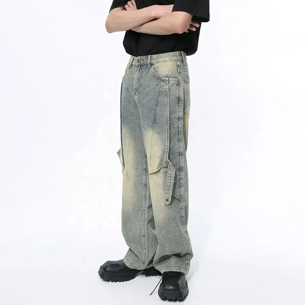 Gdtex Tùy Chỉnh Thiết Kế Cao Đường Phố Mặc Chắp Vá Jeans Baggy Jeans Người Đàn Ông Cổ Điển Rửa Jeans Y2K