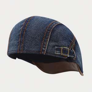 New Arrival Trendy Washed Faded Denim <b>Flat</b> Top Ivy <b>Cap</b> Fashion Women <b>Men</b> Outdoor Casual Retro Beret Hat With PU Leather Bill - Product Image 3