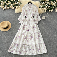 Robe longue décontractée pour femme, imprimé floral, patchwork de dentelle, coupe trapèze, col montant, manches 3/4, taille à nouer, élégante, pour le quotidien et les vacances