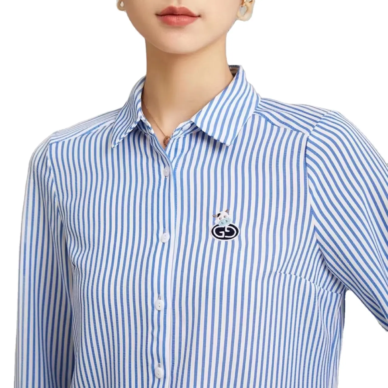 Blusa feminina spandex algodão manga comprida, camiseta feminina botões azul listrado casual trabalho