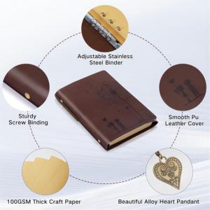 Carnet de notes vintage en cuir PU A5, papier sans acide 100 g/m², à feuilles mobiles, journal de voyage avec pendentif cœur - Product Image 4