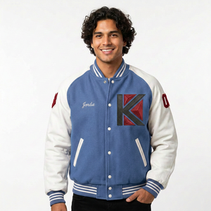 KVJ102 Custom Wool Varsity <b>Jacket</b> for <b>Men</b> Collarless Design with Embroidery Decoration Raglan Sleeve Chenille Patches for Winter - Product Image 4