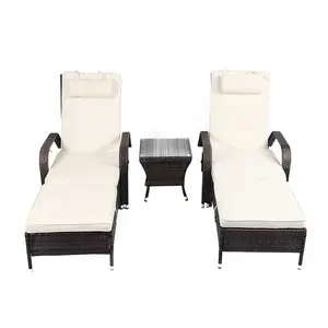 Hot Sale Patio Furniture Sun Bed Lounge Chair 3 Pieces Rattan Reclining Lounger Beach Sunbed With Side Table