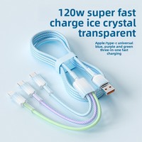Kabel Data Ponsel 3-in-1 120W 3A Warna Gradasi Anyaman Satu-ke-Tiga Konektor USB-A Tipe-C Panjang 1.2m Kabel Tanpa Pelapis 12 Bulan
