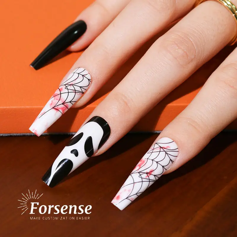 custom made spooky halloween press on nail vendor professional ghost face spider fake nails long coffin false nail tip wholesale