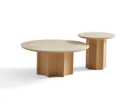 Table basse de salon personnalisable en travertin de luxe léger avec base en bois de frêne antique – Ensemble de tables à thé