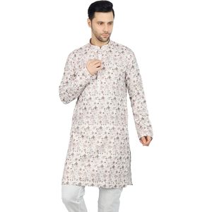 Beige Printed <b>Men's</b> Long <b>Kurta</b> Cotton Digital Printing Wrinkle Free Diwali Festival Wear - Product Image 2