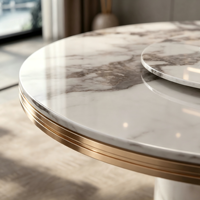 Table à manger de luxe en marbre blanc 8 places, design moderne, base sur piétement à bord doré, durable, imperméable, portable pour appartement et hôtel