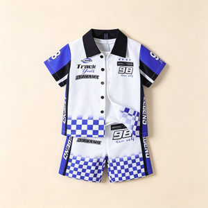 Ensemble 2 pièces d'été pour enfants : Haut à col imprimé voiture de course et short à ourlet à carreaux – Tenue de vacances pour garçons (vente en gros) - Product Image 2