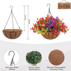 <strong>Artificial</strong> Outdoor <strong>Flowers</strong> <strong>with</strong> <strong>Hanging</strong> <strong>Basket</strong>, 2 <strong>Hanging</strong> Planters <strong>with</strong> 24 Pcs <strong>Flowers</strong> for Front Porch Garden Patio Home Decor - Product Image 2
