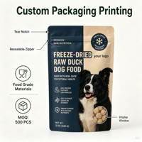 Sachet Doypack vide pour friandises pour animaux de compagnie à base de viande crue lyophilisée, avec logo personnalisé imprimé, pour complément nutritionnel et nourriture pour chiens et chats, en plastique